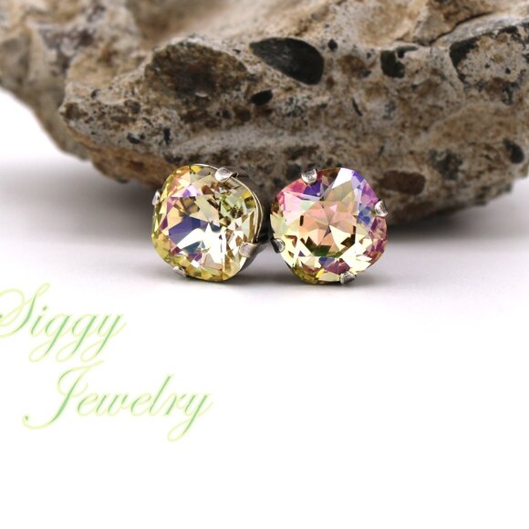Luminous Green Cushion Cut Stud Earrings made with Genuine Austrian Crystals - Picture 6 of 7